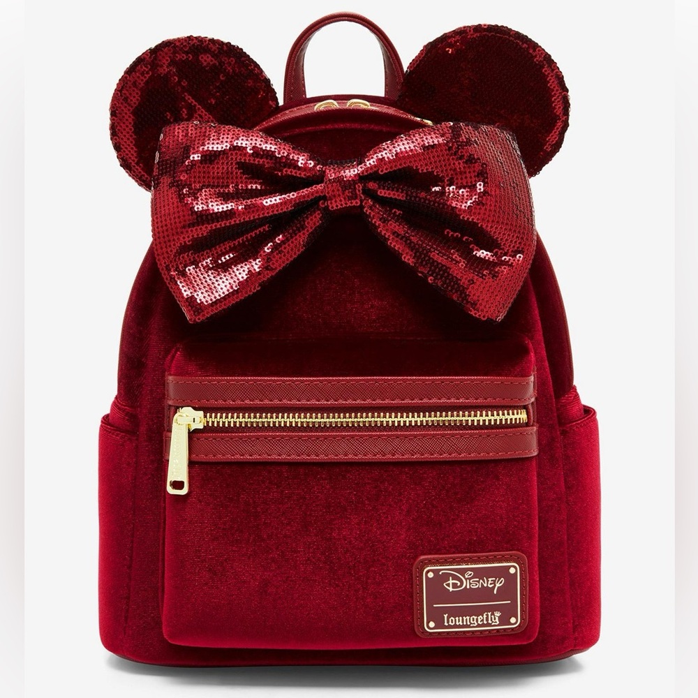 Loungefly Disney Minnie Mouse Velvet Sequined Ears Mini Backpack NWT